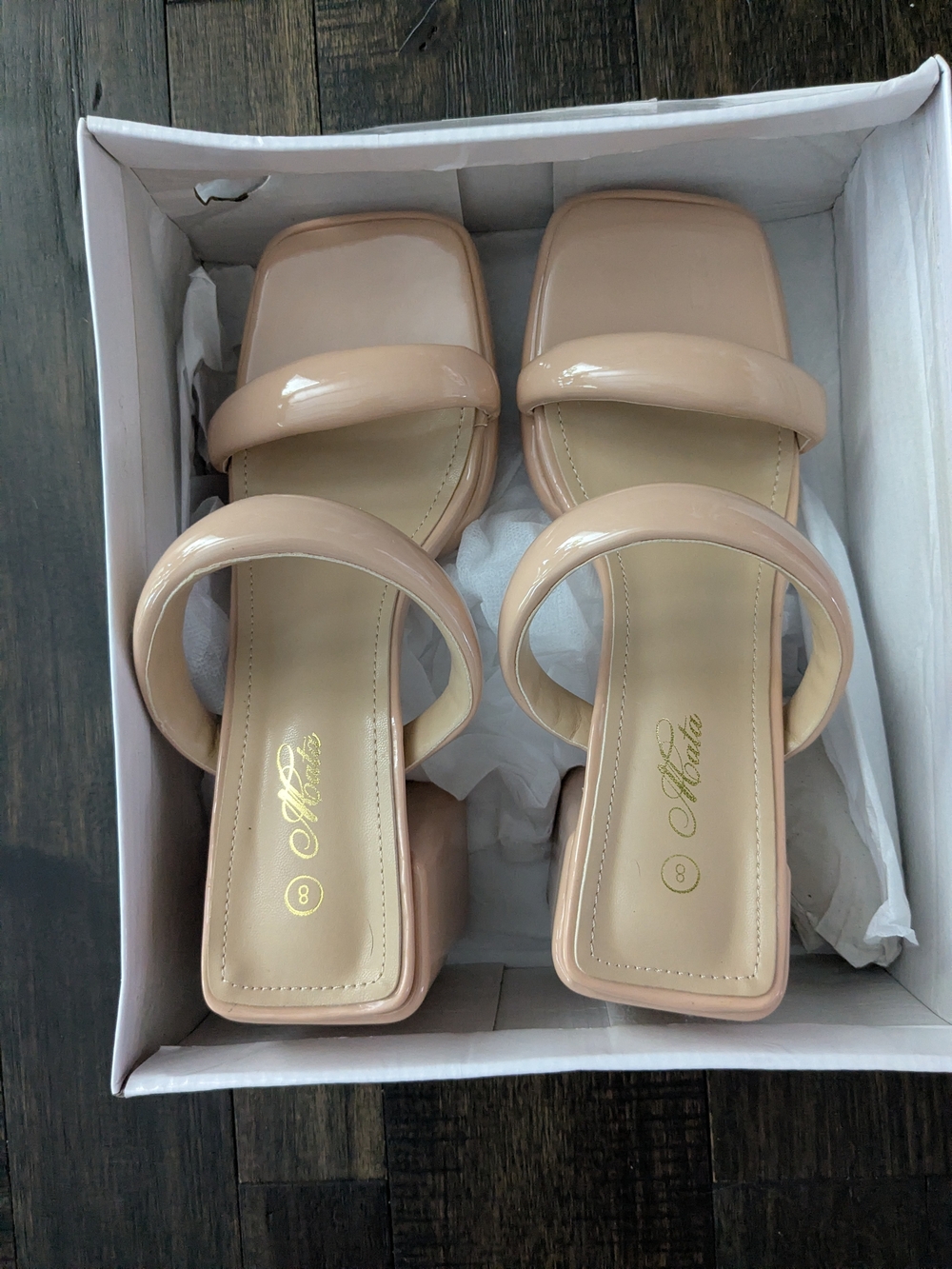 Patent Nude Block Heel Sandals with Double Straps